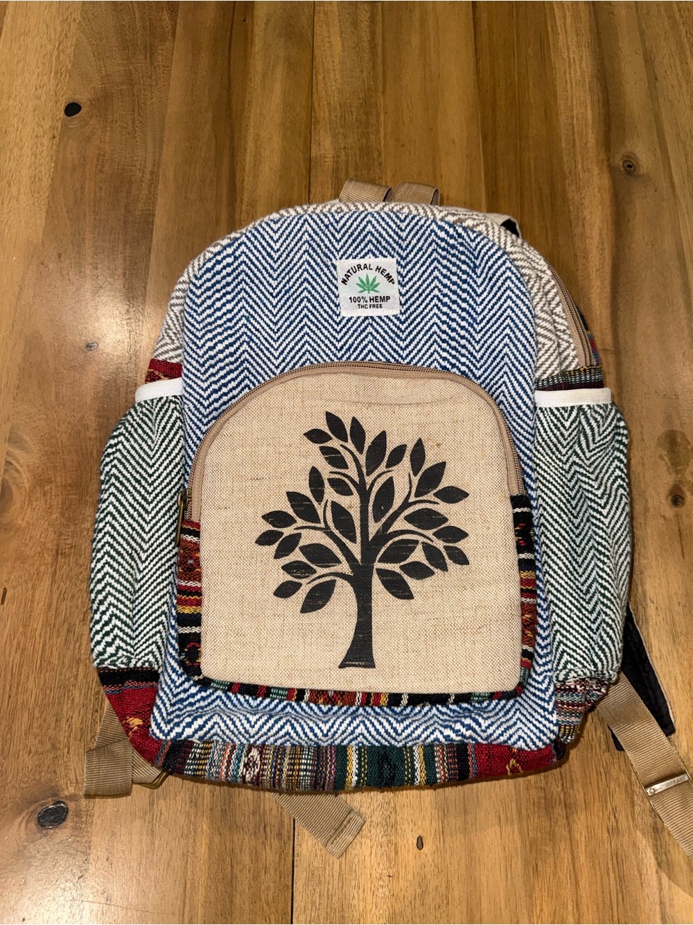 Natural Hemp Tree Print Multi-Color Small Boho Backpack